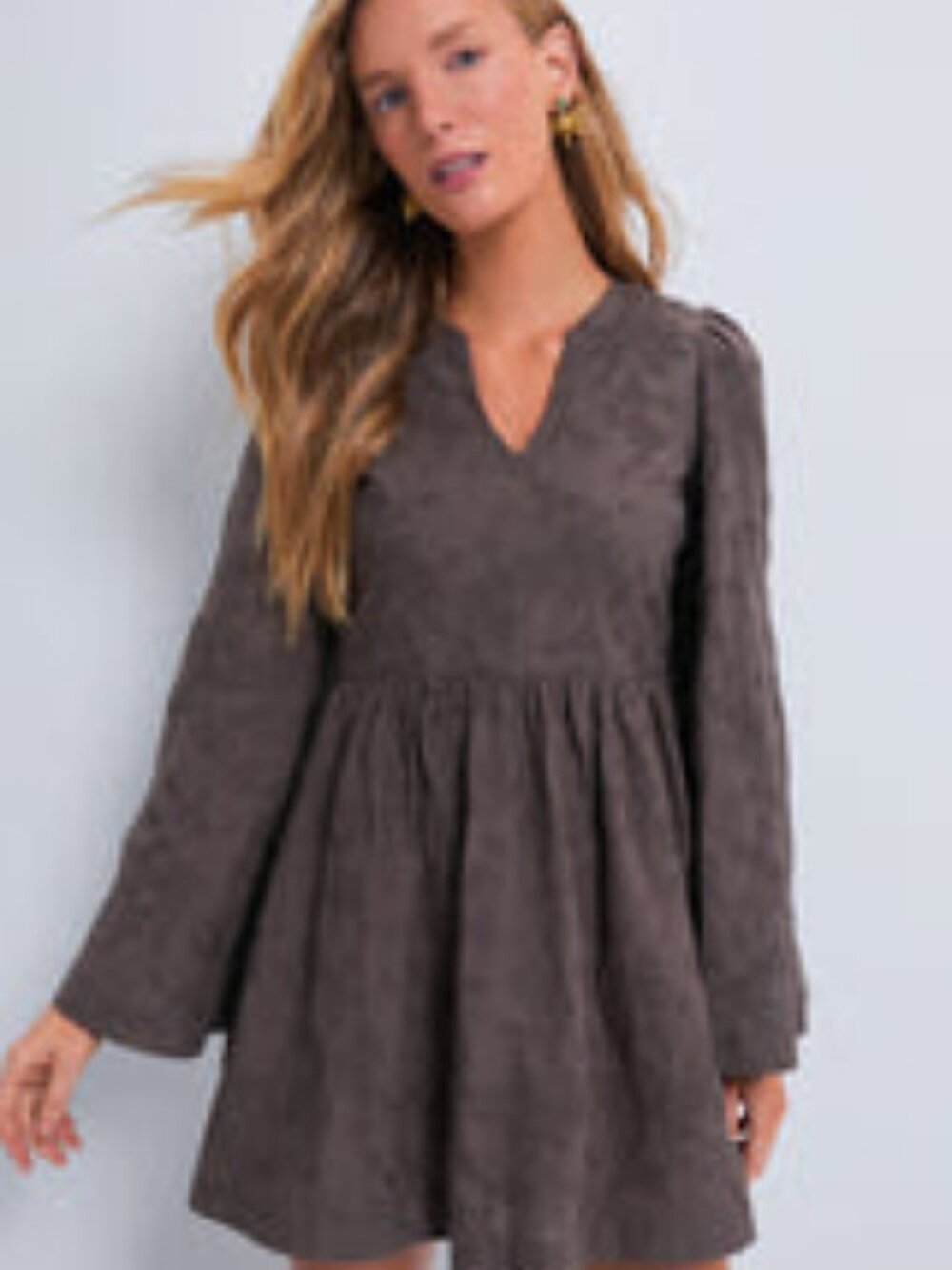 Hyacinth House Brown Textured Becca Bell-Sleeved Mini Dress
